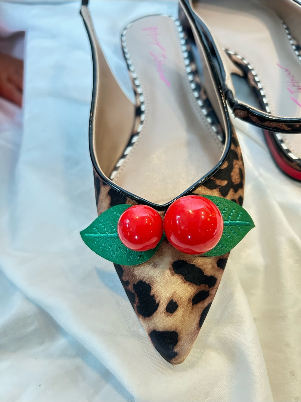 Betsey Johnson Leopard Pointed Slingback Mules with Red Cherry Accent - Picture 5 of 6